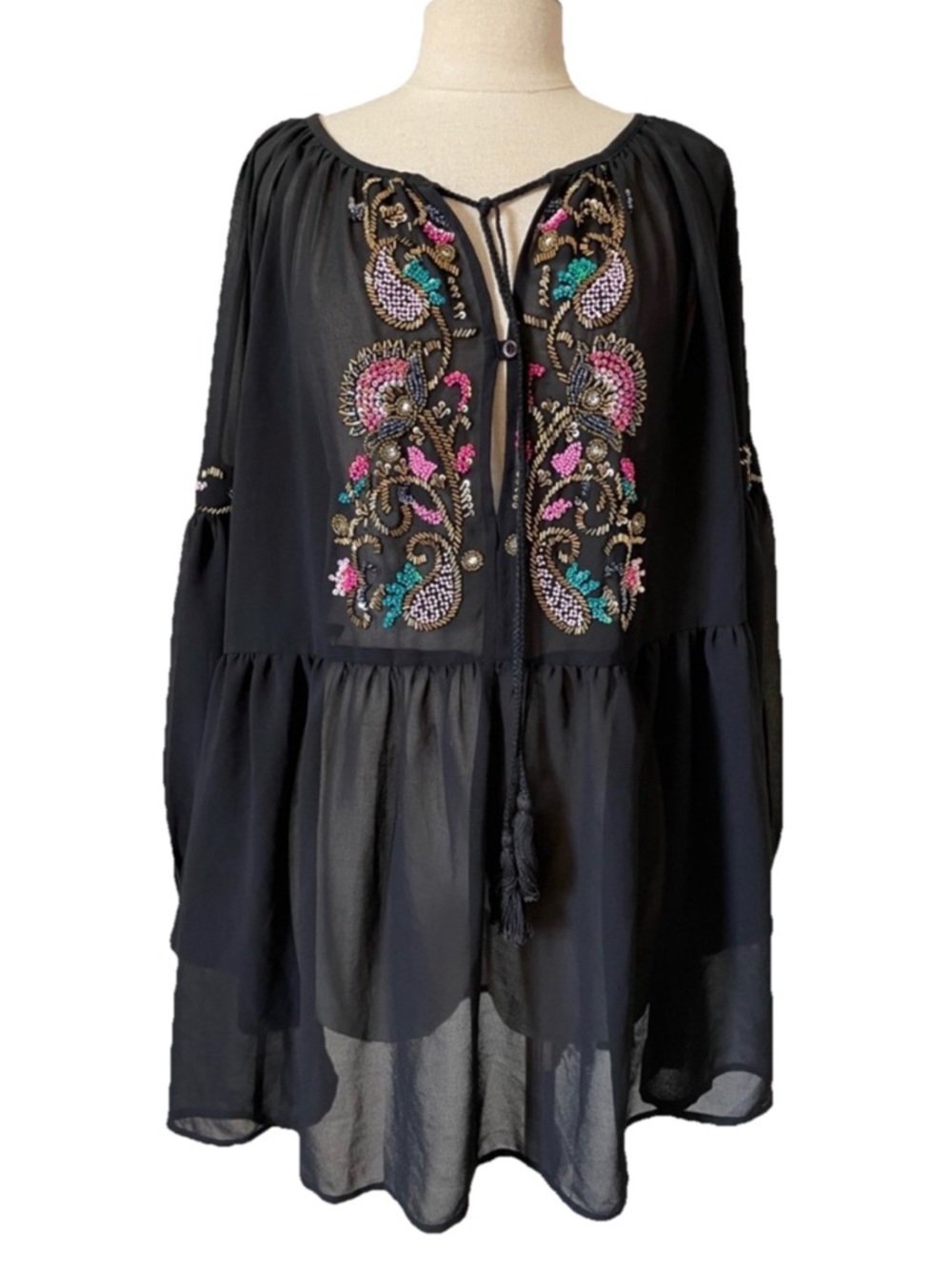 Labellum Hillary Scott Embroidered Black Peasant Blouse with Tassel Tie XL